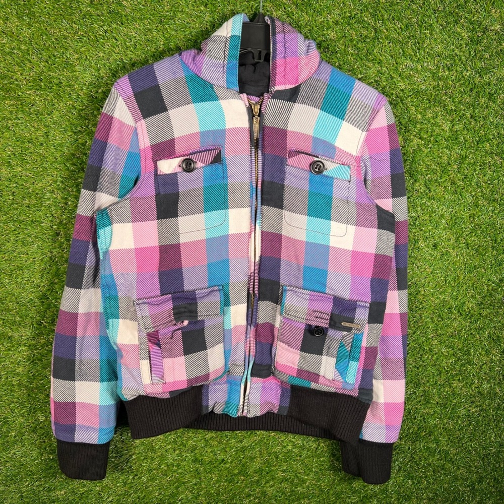 Roxy Womens Plaid Hooded‎ Full Zip Jacket Multicolor Y2K Surf Large